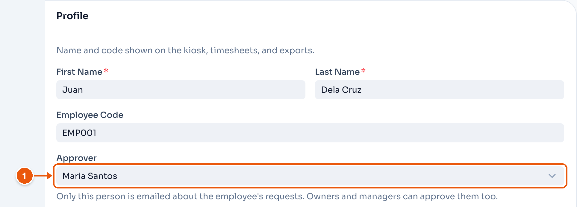 Juan Dela Cruz's profile, with the Approver field marked