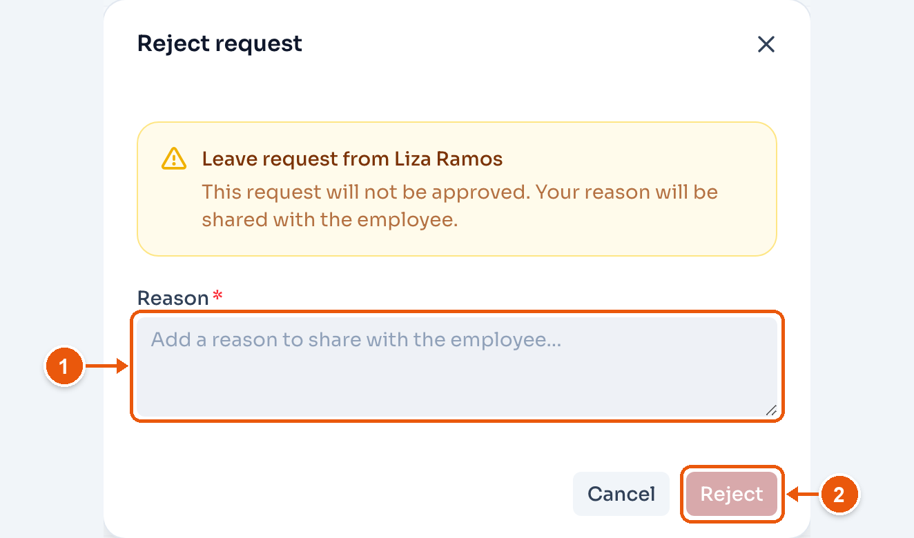 The Reject request dialog for Liza Ramos, with Reason and Reject marked