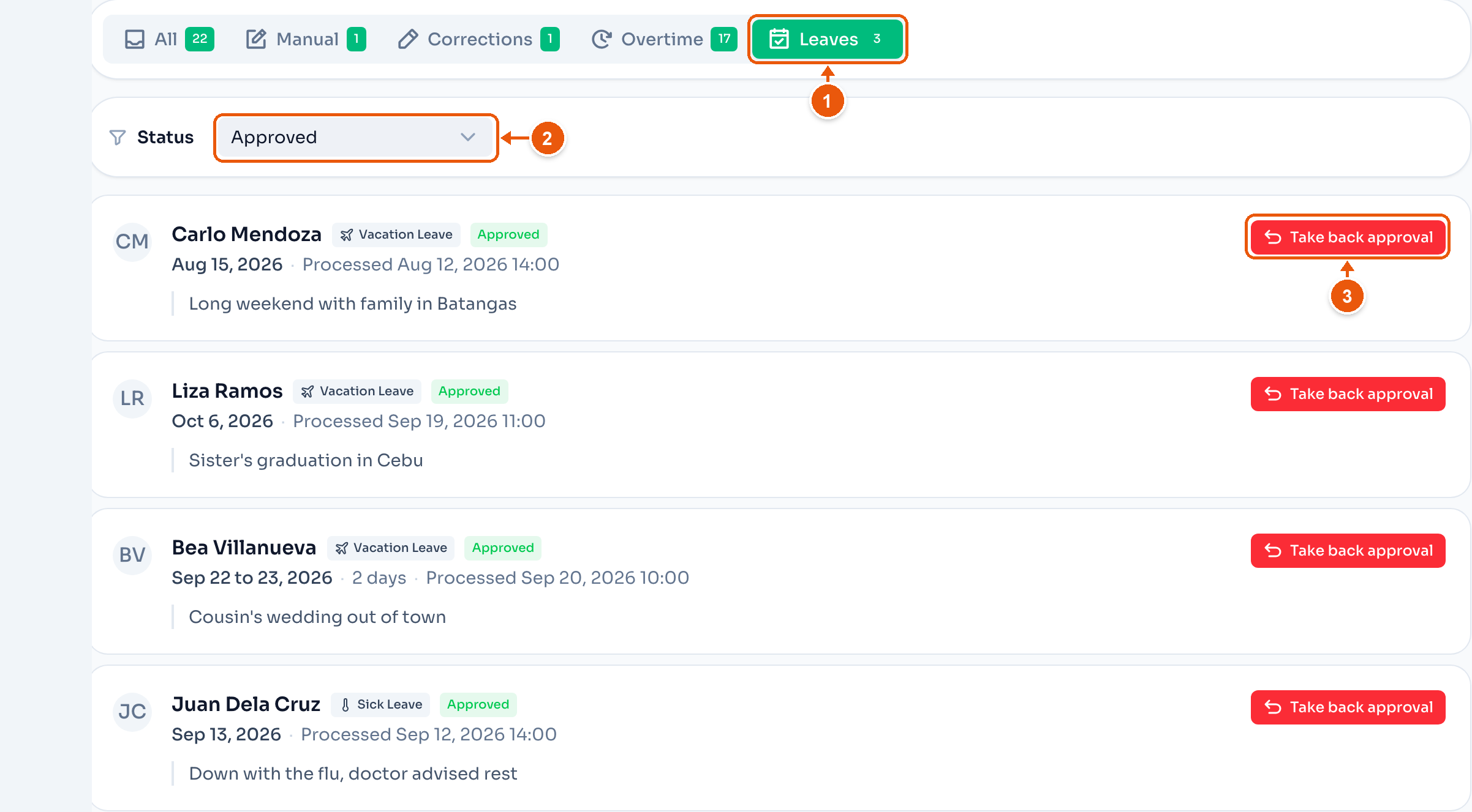 Approved leave requests. Arrows mark Leaves, Status set to Approved, and Take back approval