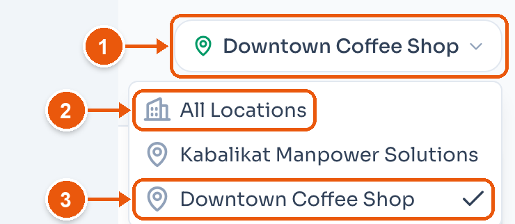 The location menu on the dashboard. Arrows mark the location button, All Locations, and the location in use