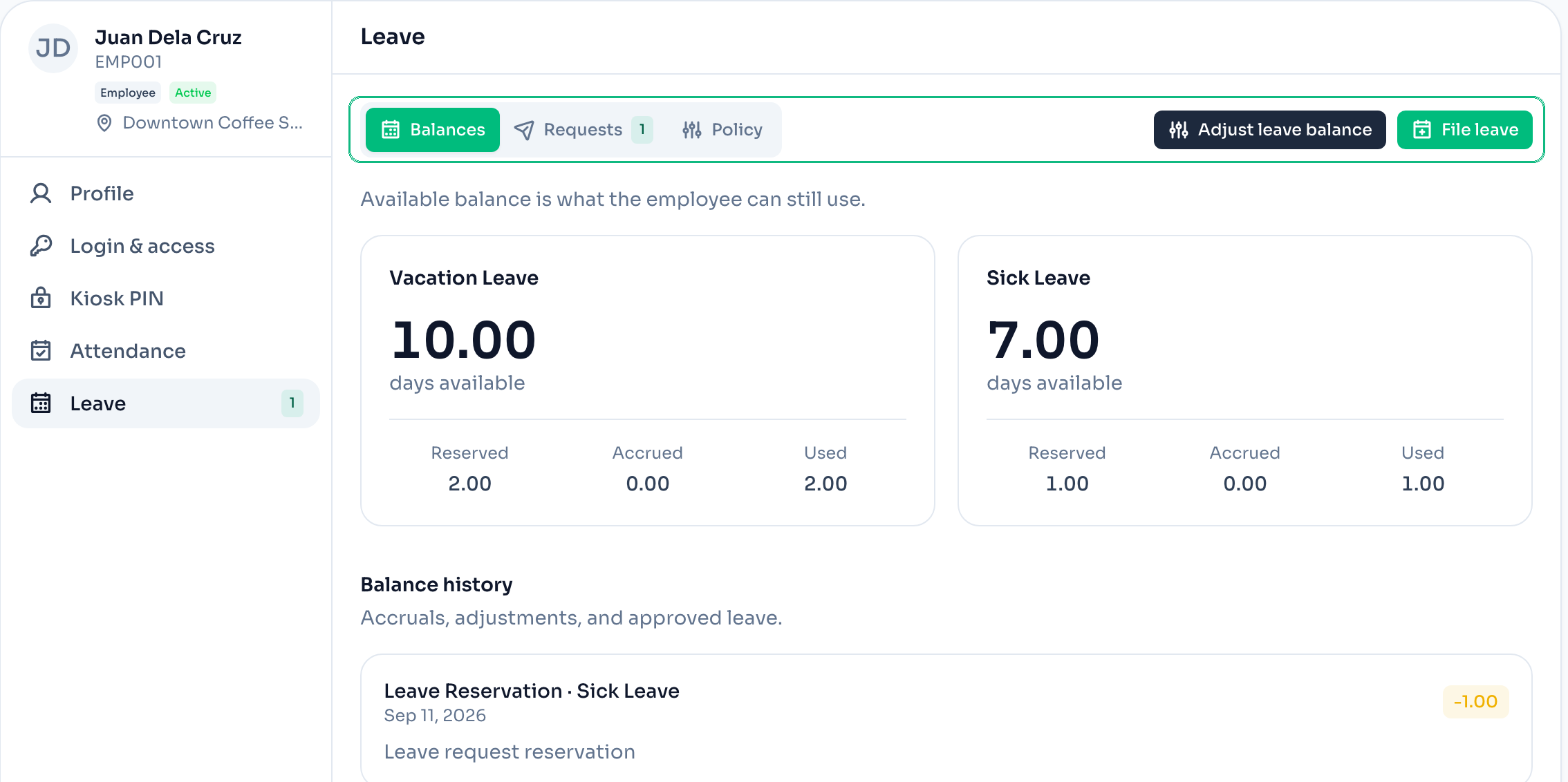 An employee's Leave tab with the Balances, Requests and Policy sub-tabs