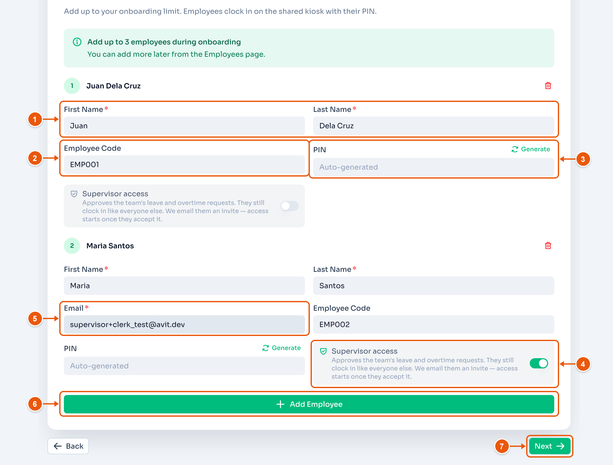The Employees step with Juan Dela Cruz and Maria Santos. Arrows mark the name, Employee Code, PIN, Supervisor access, Email, Add Employee, and Next