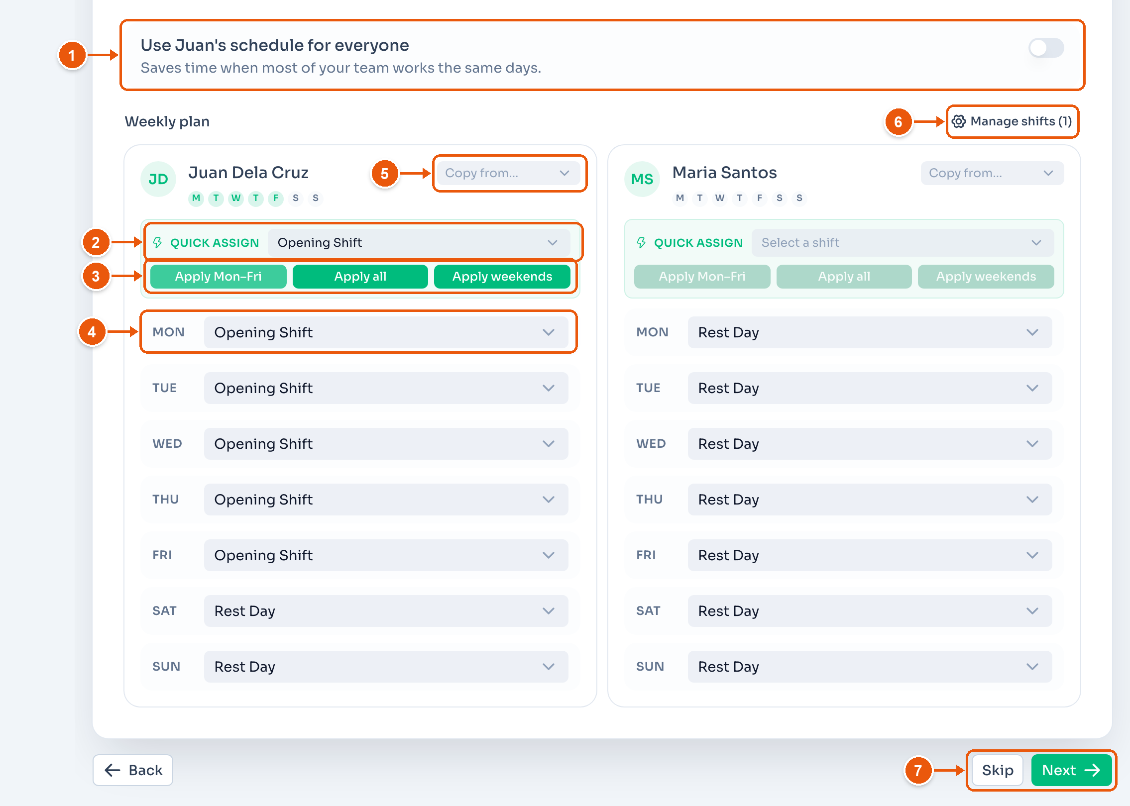 The Schedule step, with Juan Dela Cruz on the Opening Shift Monday to Friday. Arrows mark Use Juan's schedule for everyone, Quick assign, the Apply buttons, a day, Copy from, Manage shifts, and Skip and Next
