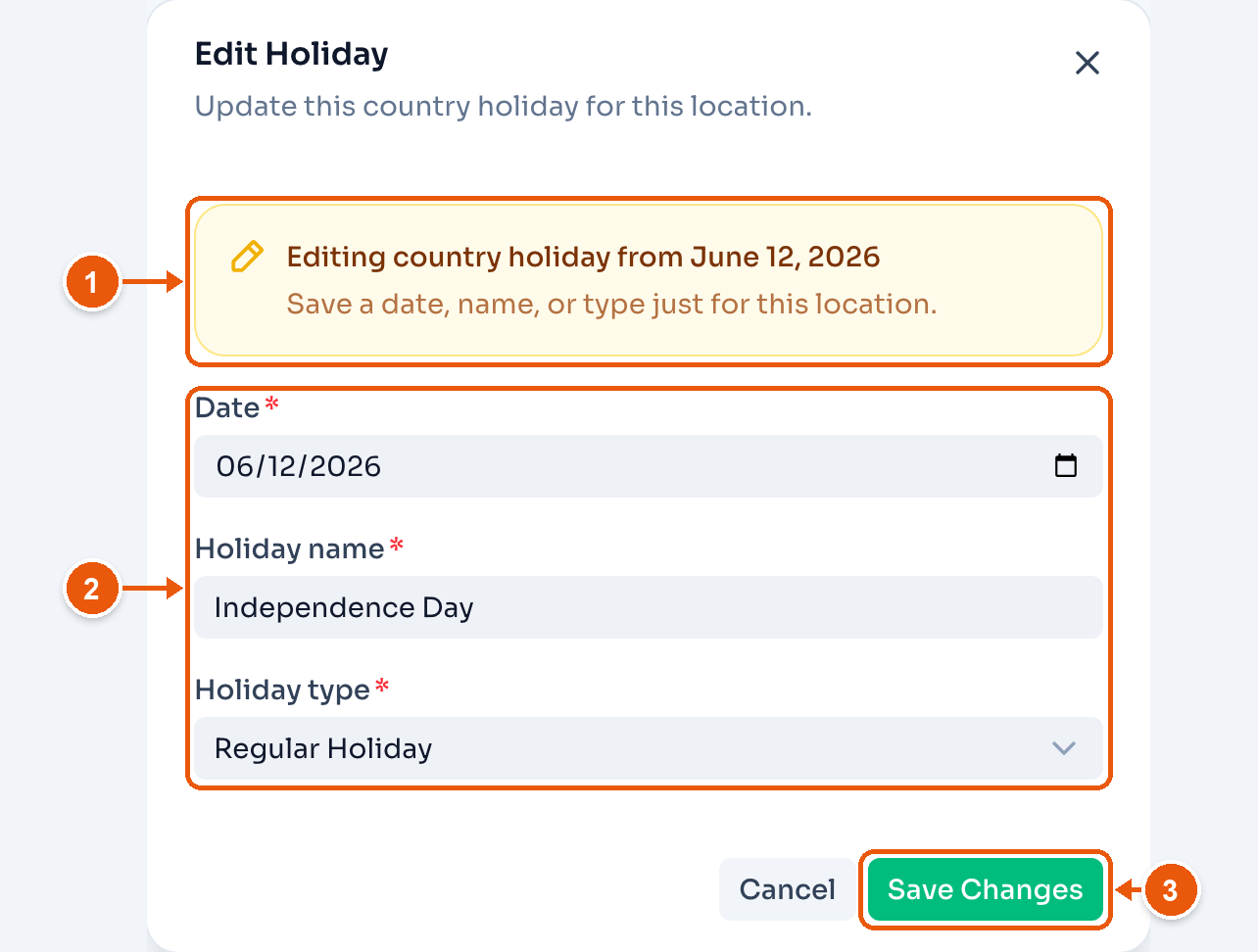 The Edit Holiday dialog for Independence Day. Arrows mark the note that this is a country holiday, the fields, and Save Changes