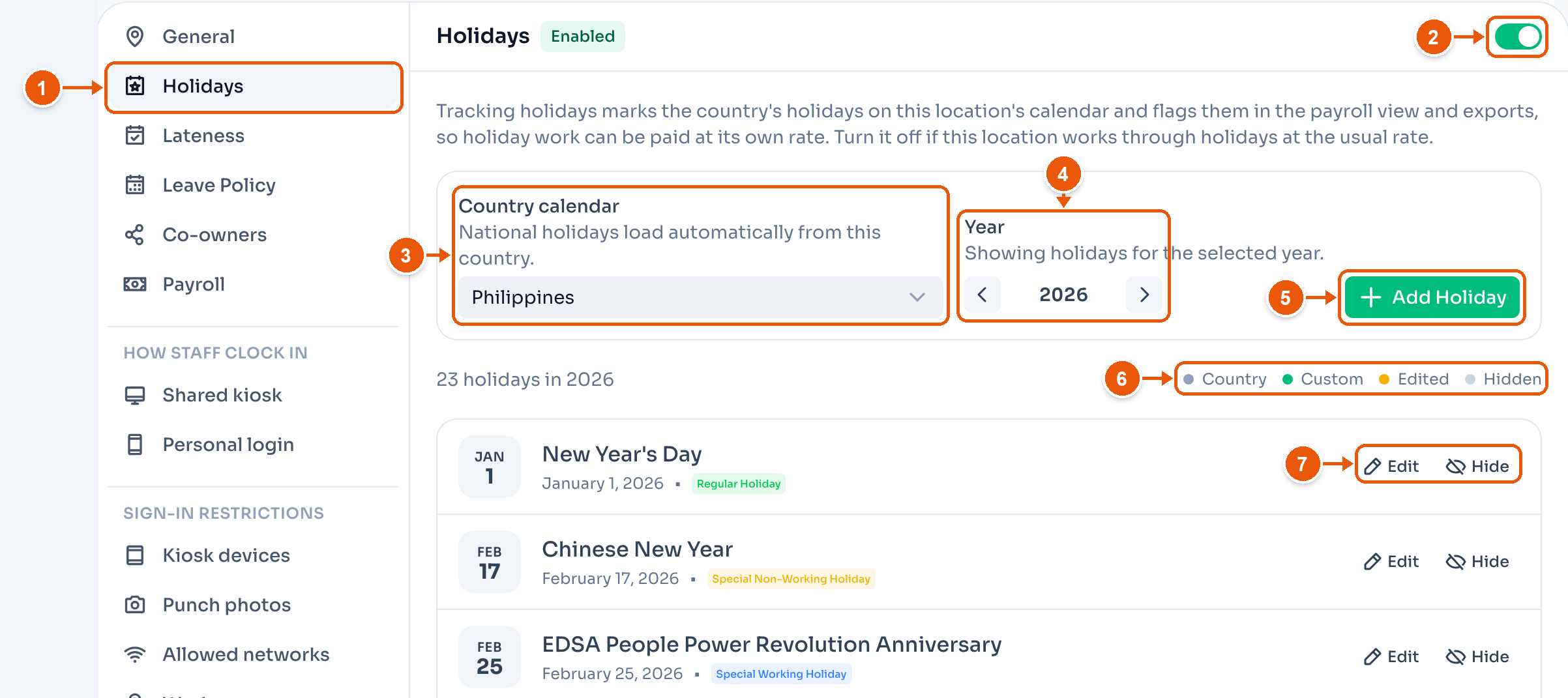 Holidays in Location Settings for Downtown Coffee Shop. Arrows mark Holidays in the menu, the on switch, Country calendar, Year, Add Holiday, the colour key, and a holiday's Edit and Hide