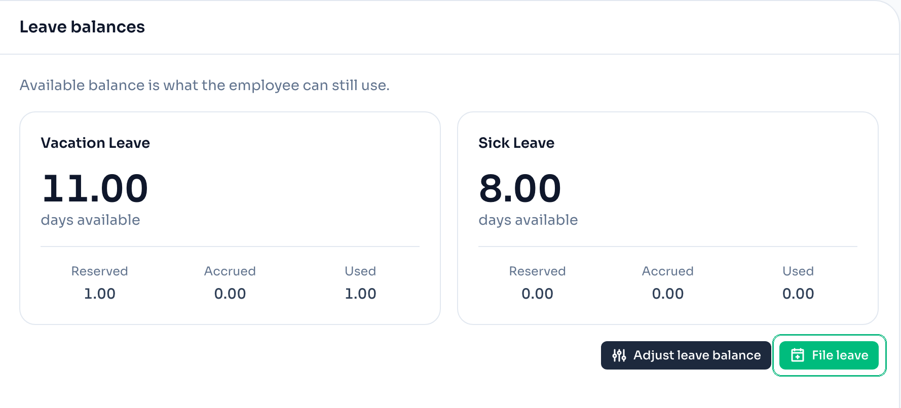The File leave button on an employee's Leave balances tab, beside Adjust leave balance