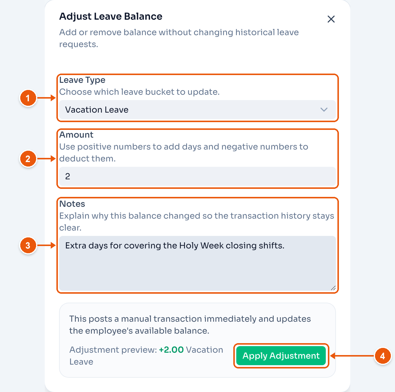 The Adjust Leave Balance dialog: 2 days of Vacation Leave, a note, and Apply Adjustment marked