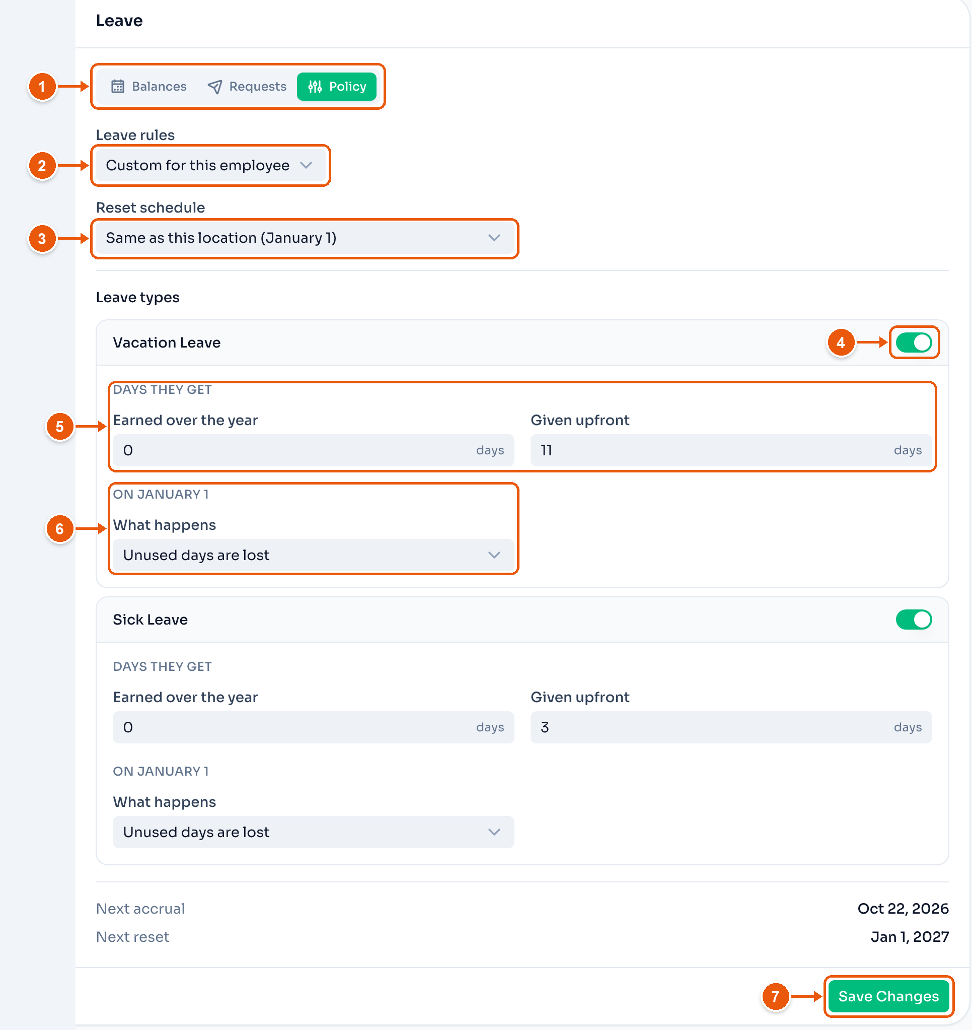Bea Villanueva's Leave Policy tab, with the tabs, Leave rules, Reset schedule, the Vacation Leave switch, the days, what happens on January 1, and Save Changes marked