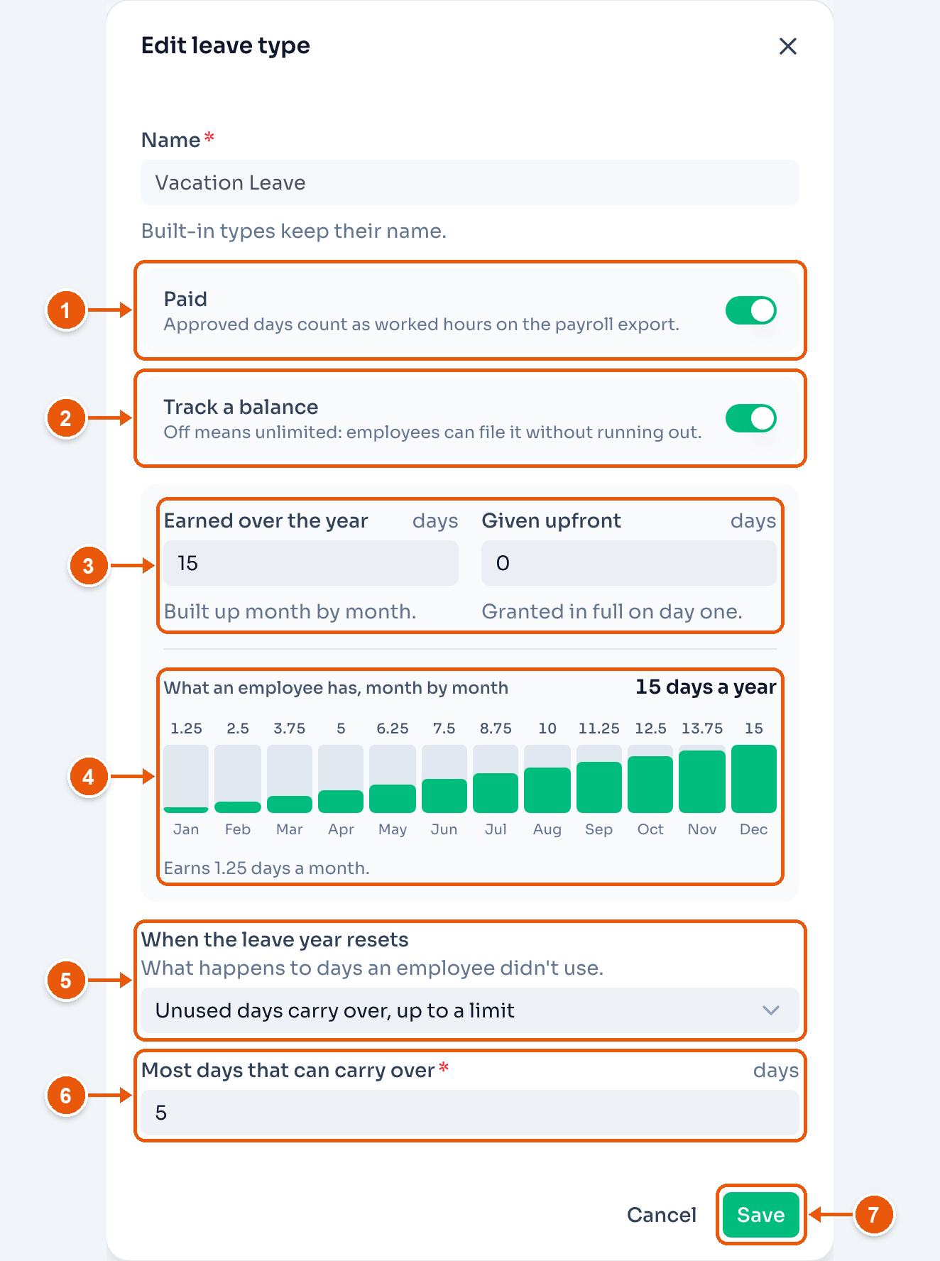 The Edit leave type dialog for Vacation Leave, with Paid, Track a balance, the days, the month-by-month chart, the reset choice, the carryover limit, and Save marked