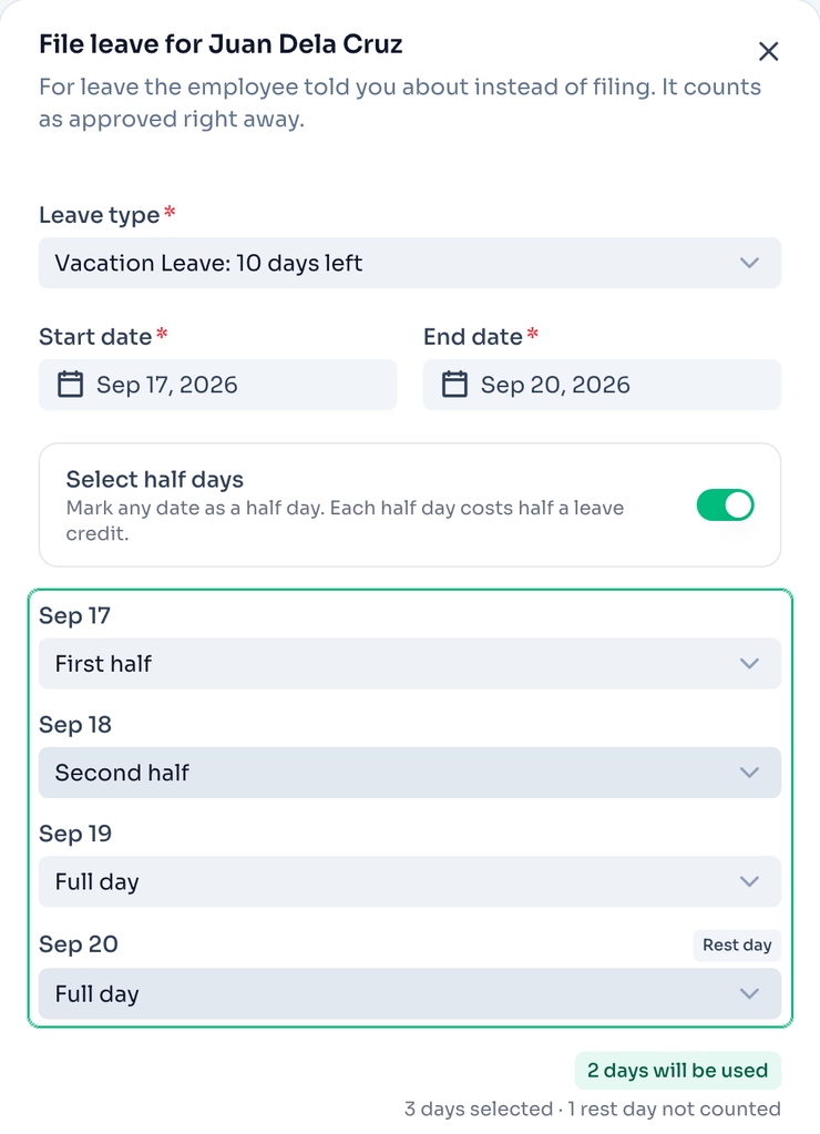 Leave filing form over a date range, with each date set to a full day or a half day and a rest day marked