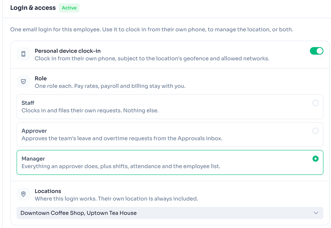Login and access panel with the Staff, Approver and Manager roles, Manager selected