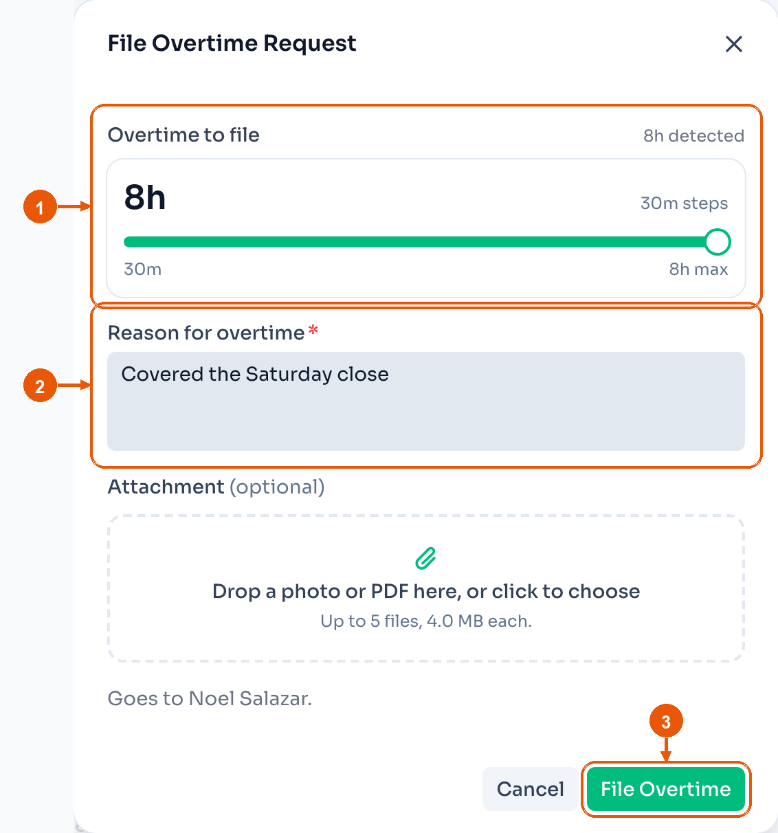 The File Overtime Request form for a rest day, with the hours slider, the reason, and File Overtime marked