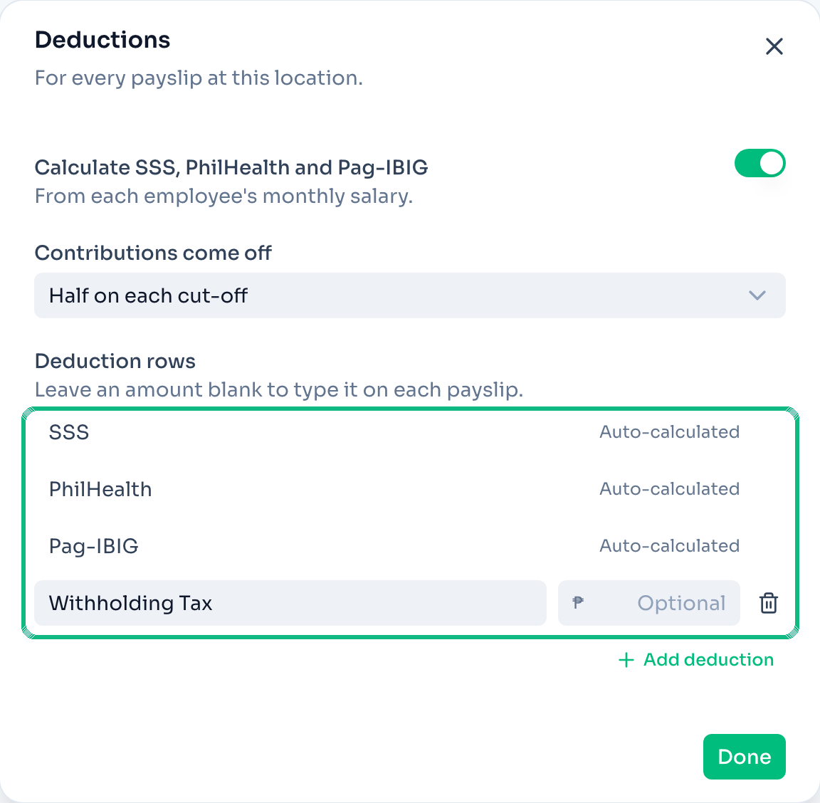 The Deductions dialog with the SSS, PhilHealth and Pag-IBIG calculation on: those 3 rows read Auto-calculated, and Withholding Tax keeps an amount box