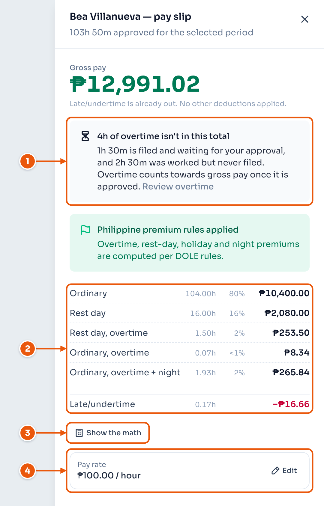 Bea Villanueva's pay computation: overtime left out of the total, the hour lines, Show the math, and the pay rate