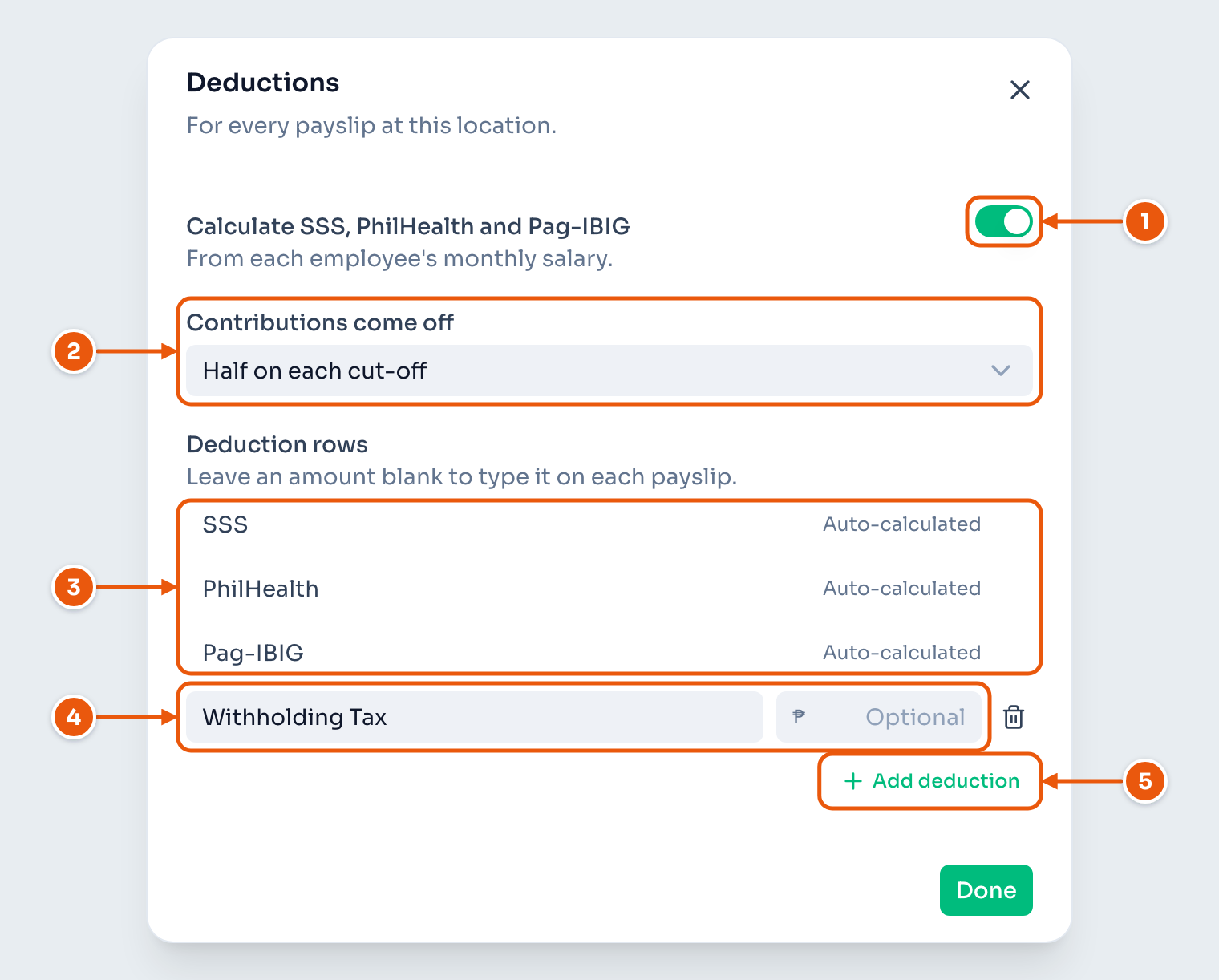 The deductions dialog with contributions on, half taken on each cut-off, SSS, PhilHealth and Pag-IBIG marked auto-calculated, and withholding tax left blank