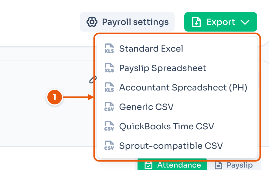 The Export menu: Standard Excel, Payslip Spreadsheet, Accountant Spreadsheet (PH), Generic CSV, QuickBooks Time CSV, and Sprout-compatible CSV