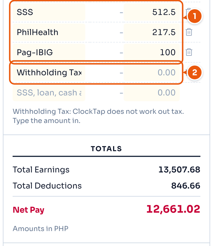 Deductions on the payslip: SSS, PhilHealth, Pag-IBIG, a blank withholding-tax row, and the totals
