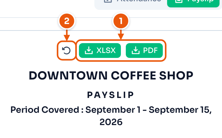 The XLSX and PDF buttons, and the button that clears what you typed, above the payslip heading