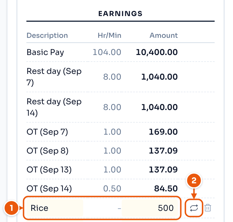 Earnings on Bea Villanueva's payslip, with a rice row of 500 and the repeat button