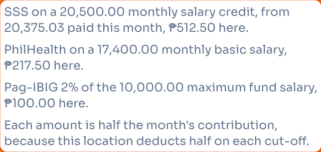 The note under the payslip, naming the salary each contribution was worked out from