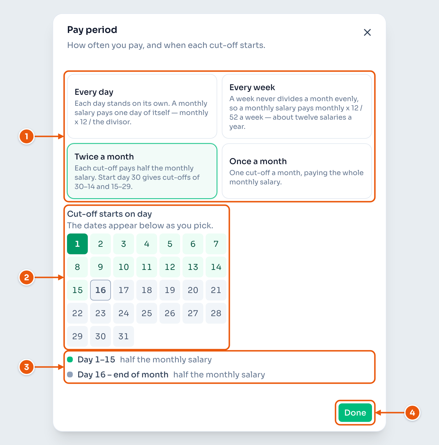 The pay period dialog: how often you pay, the day a cut-off starts, and the dates that day produces