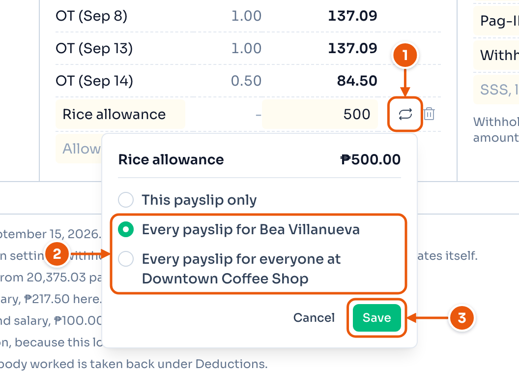 The repeat menu on the rice allowance: this payslip only, every payslip for Bea Villanueva, or every payslip for everyone at Downtown Coffee Shop