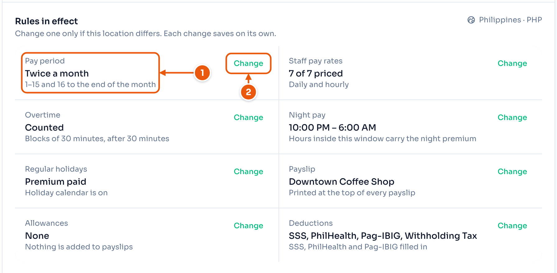 Rules in effect for Downtown Coffee Shop: pay period, staff pay rates, overtime, night pay, regular holidays, the payslip name, allowances and deductions