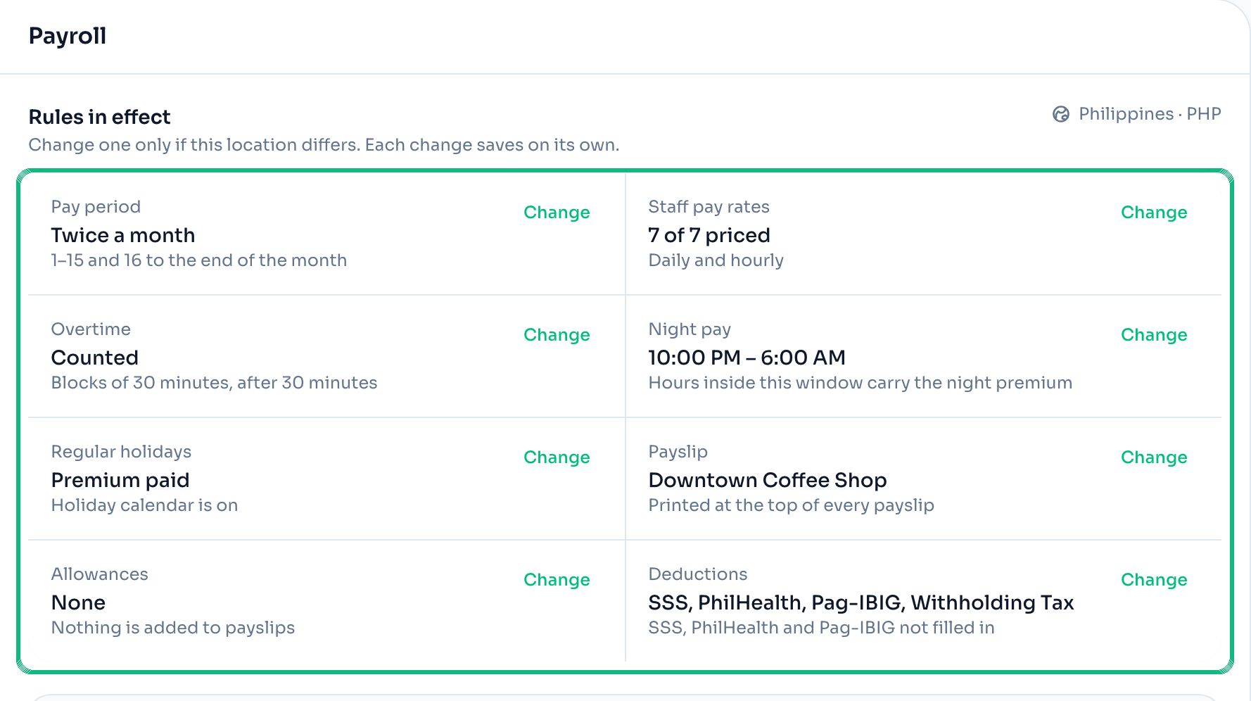 The Rules in effect grid under Location Settings → Payroll, with pay period, staff pay rates, overtime, night pay, regular holidays, payslip, allowances and deductions, each with a Change link