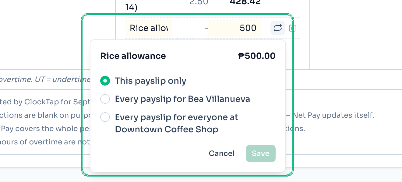 The repeat menu on a payslip allowance: This payslip only, Every payslip for Bea Villanueva, or Every payslip for everyone at Downtown Coffee Shop