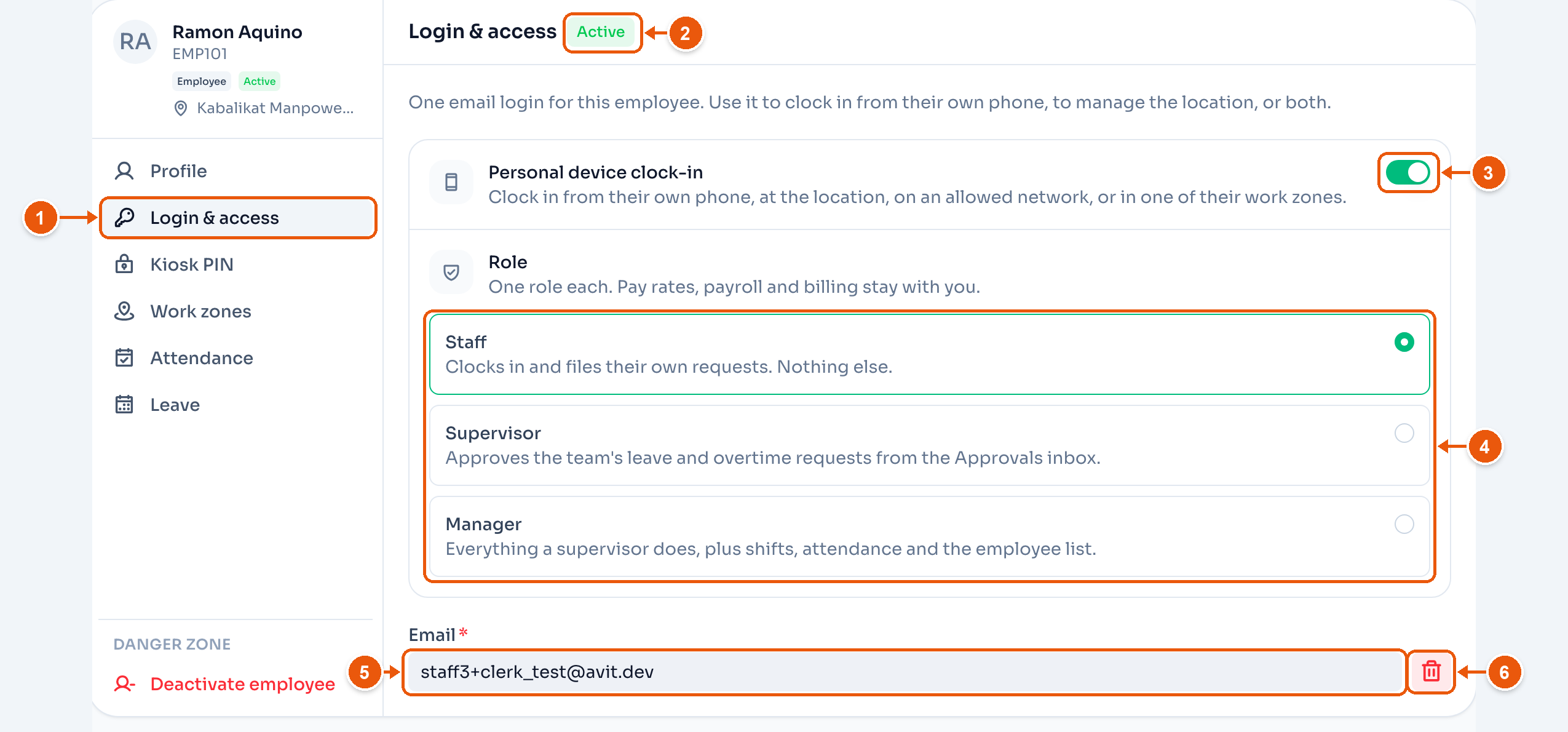 Ramon Aquino's Login & access tab. Arrows mark Login & access, the status, Personal device clock-in, Role, Email, and the remove button