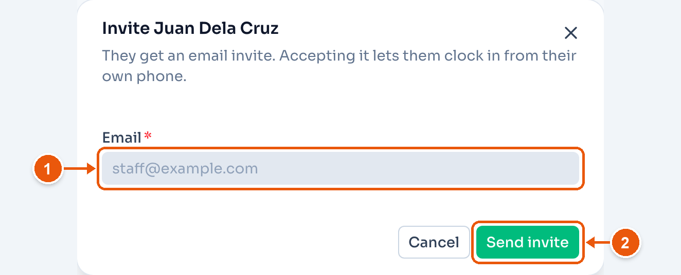 The Invite Juan Dela Cruz dialog, with Email and Send invite marked