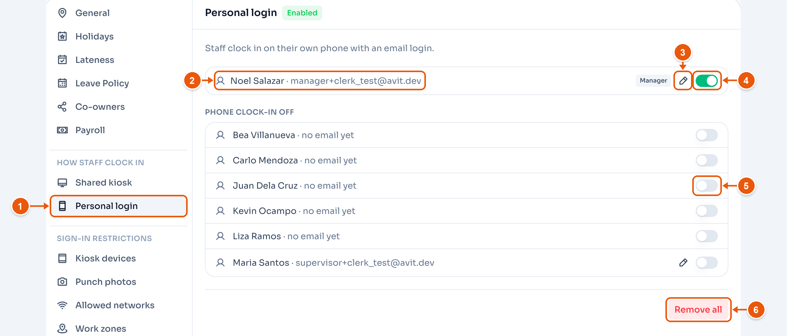 Personal login for Downtown Coffee Shop. Arrows mark Personal login, an employee with phone clock-in, Change email, their switch, a switch in the Phone clock-in off list, and Remove all