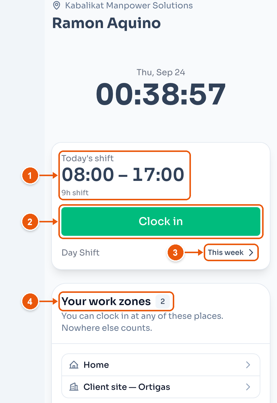 My Clock on Ramon Aquino's phone. Arrows mark Today's shift, Clock in, This week, and Your work zones