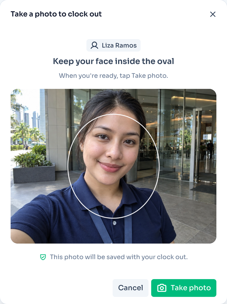 What the employee sees: the camera with the oval guide, their name, and the Take photo button