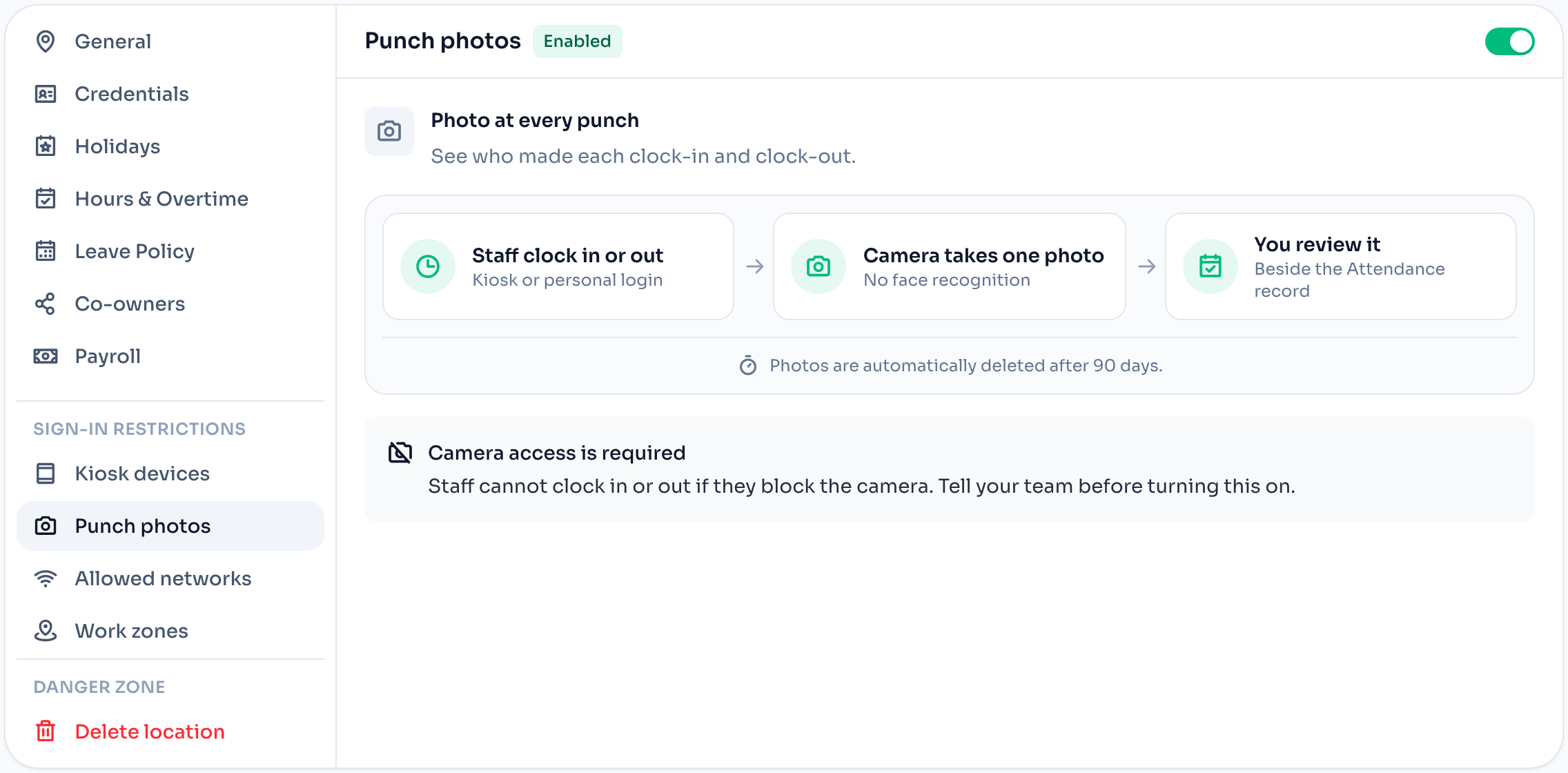 The Punch photos panel in Location settings, with the switch that requires a photo at every clock-in and clock-out