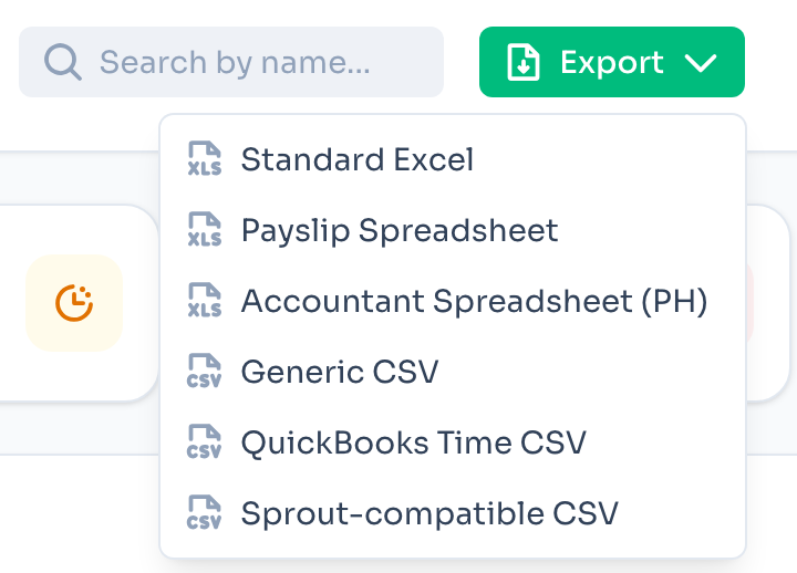The Export menu: Standard Excel, Payslip Spreadsheet, Accountant Spreadsheet (PH), Generic CSV, QuickBooks Time CSV, and Sprout-compatible CSV