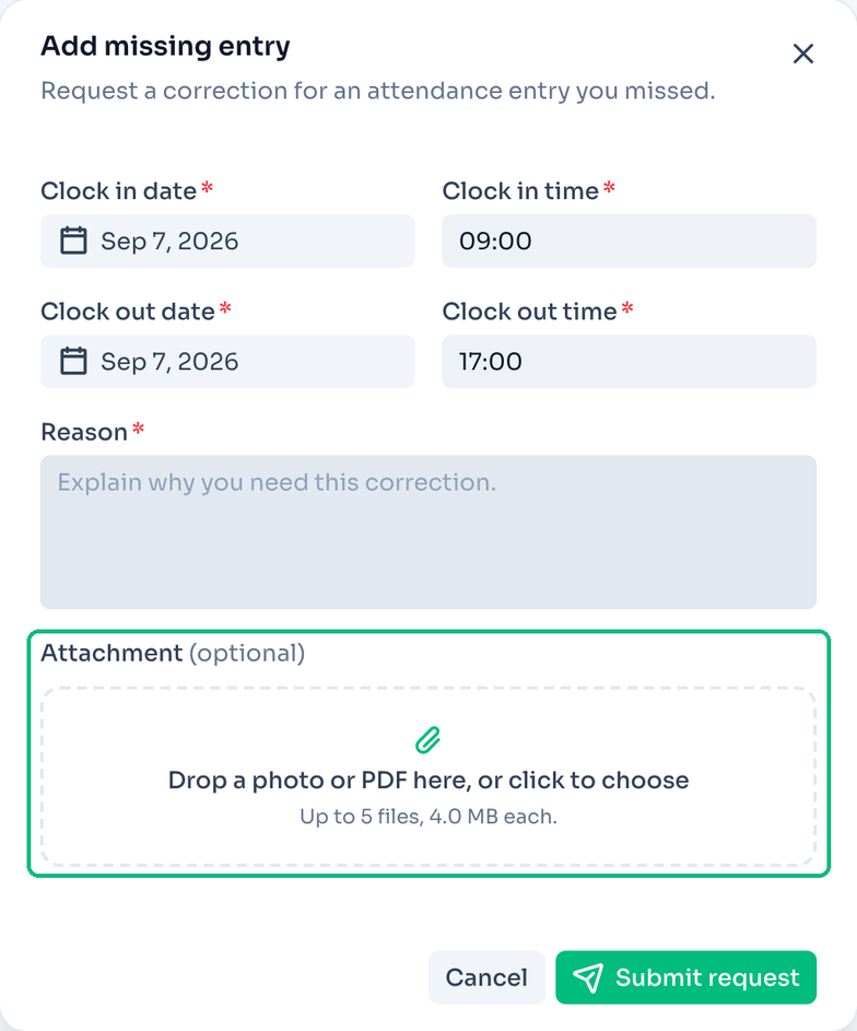 Add missing entry form with the optional attachment box for photos or PDFs