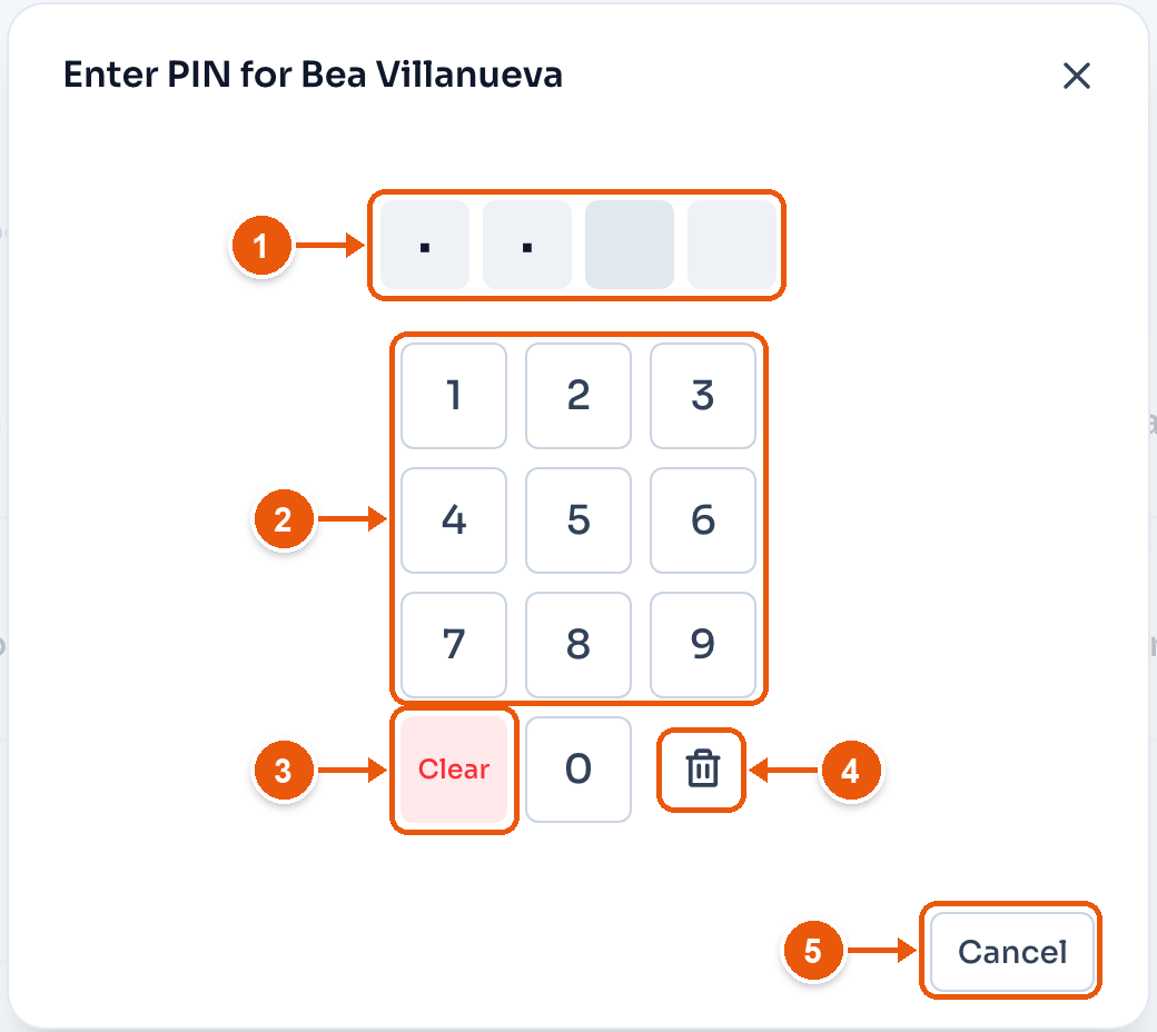 The PIN pad for Bea Villanueva with two digits typed. Arrows mark the PIN boxes, the number keys, Clear, the delete key, and Cancel