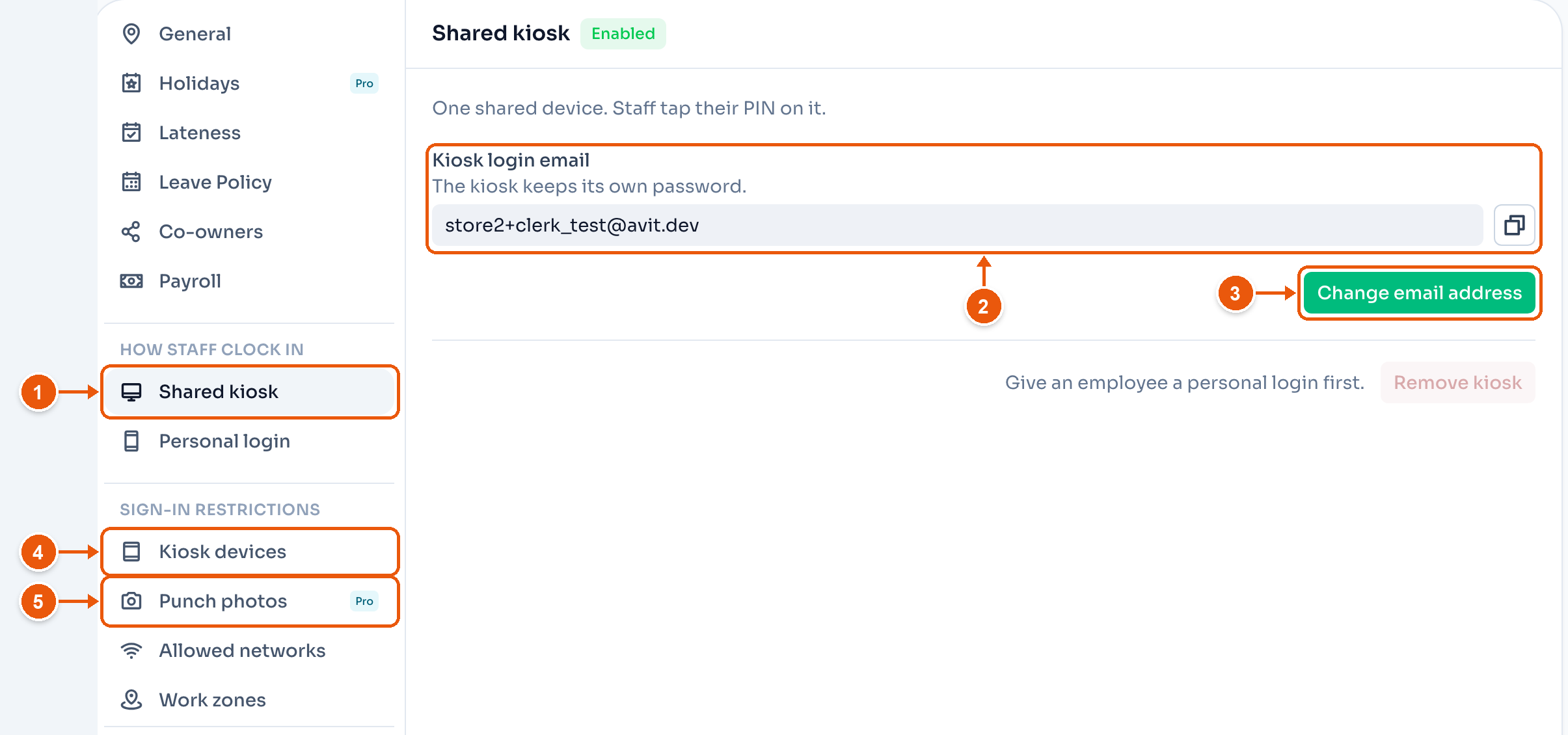 Shared device settings for Marisol's Bakeshop. Arrows mark Shared device, Kiosk login email, Change email address, Kiosk devices, and Punch photos