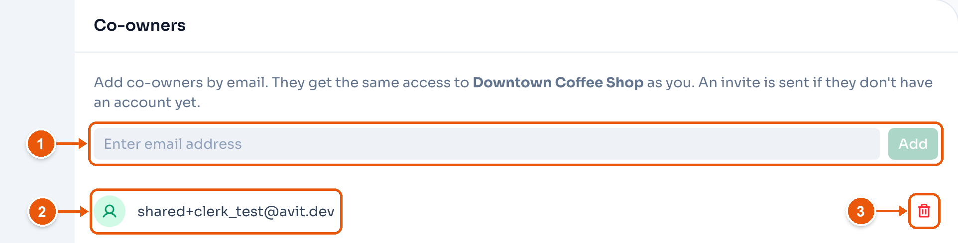 The Co-owners settings for Downtown Coffee Shop. Arrows mark the email box and Add, a co-owner, and the remove button