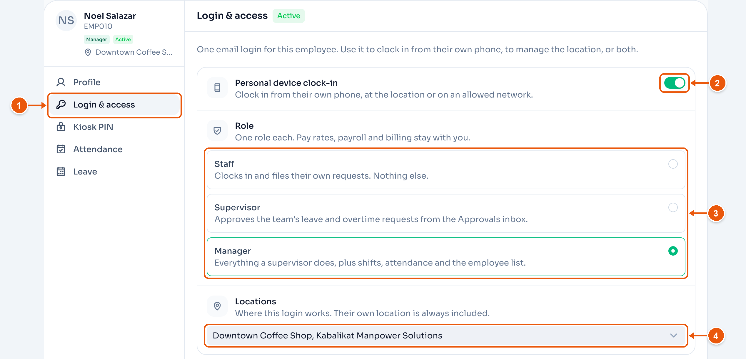 Noel Salazar's Login & access tab. Arrows mark Login & access, Personal device clock-in, the three roles, and Locations