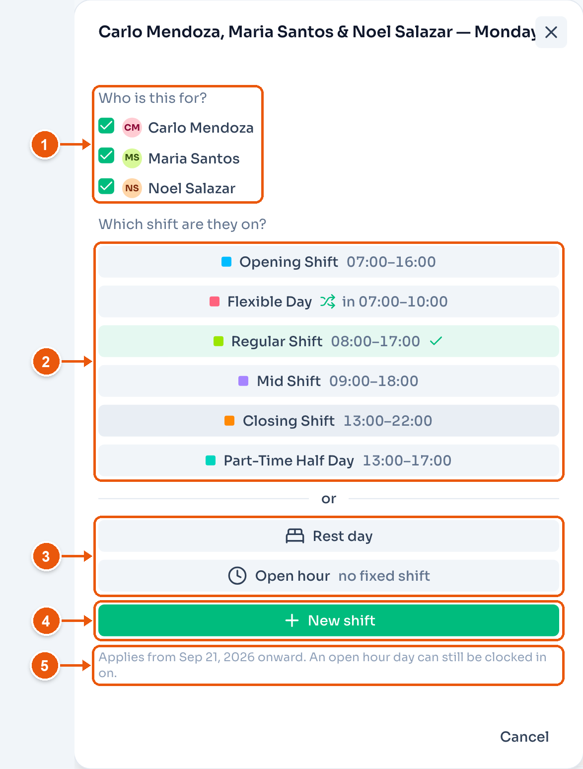The day editor for Carlo Mendoza, Maria Santos and Noel Salazar on Mondays. Arrows mark who it is for, the shifts, Rest day and Open hour, New shift, and the start date