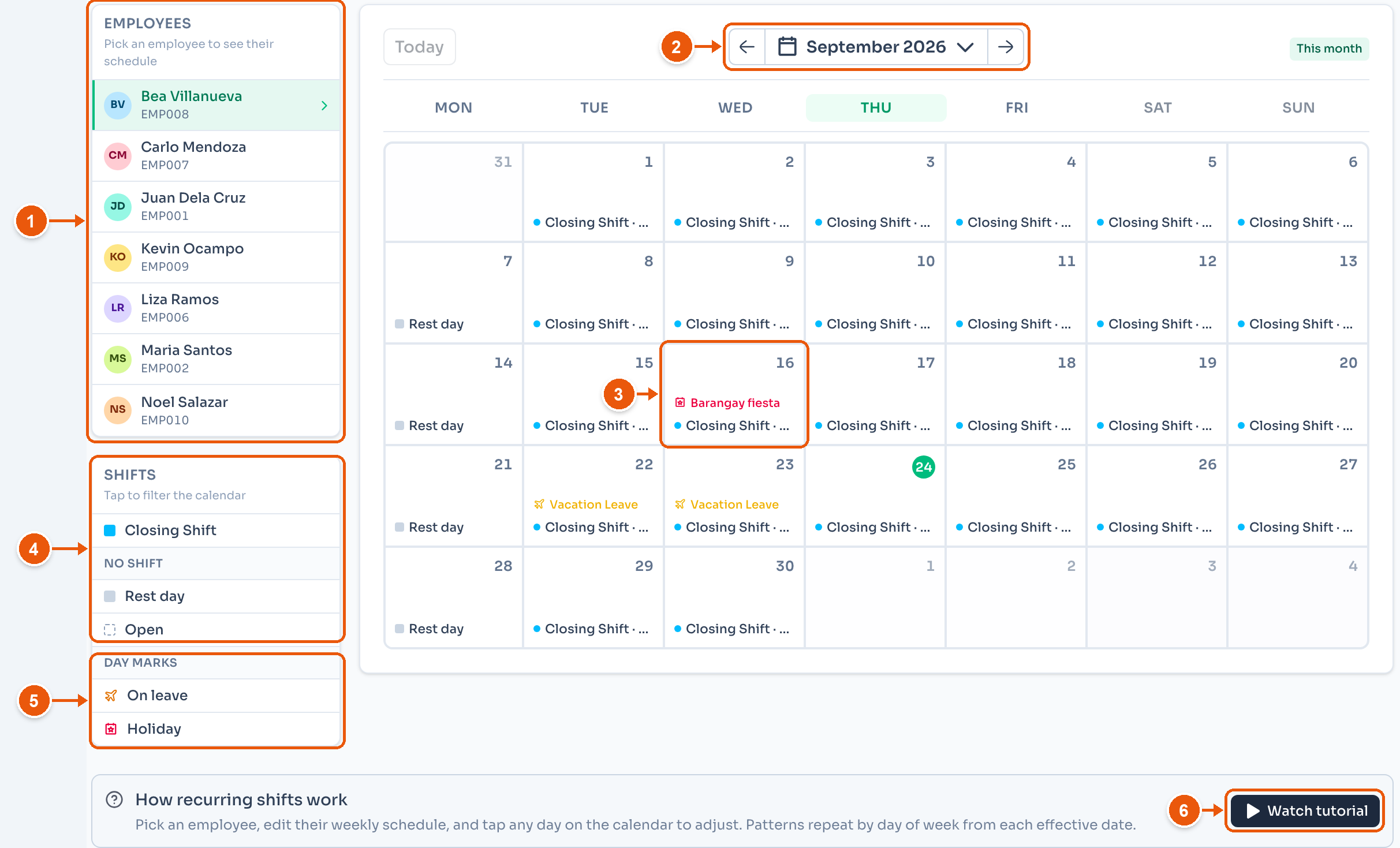 The Recurring Shifts tab for Bea Villanueva. Arrows mark the Employees list, the month, a day on the calendar, the Shifts legend, the day marks, and Watch tutorial