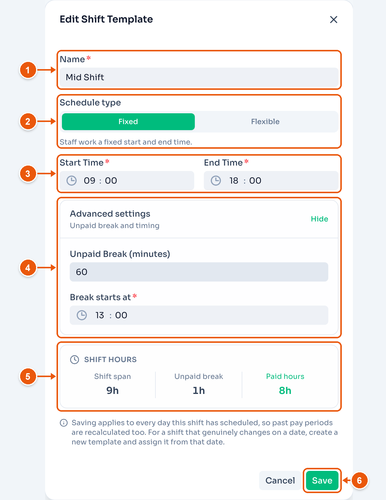 The Edit Shift Template dialog for Mid Shift. Arrows mark Name, Schedule type, Start Time and End Time, Advanced settings, Shift hours, and Save