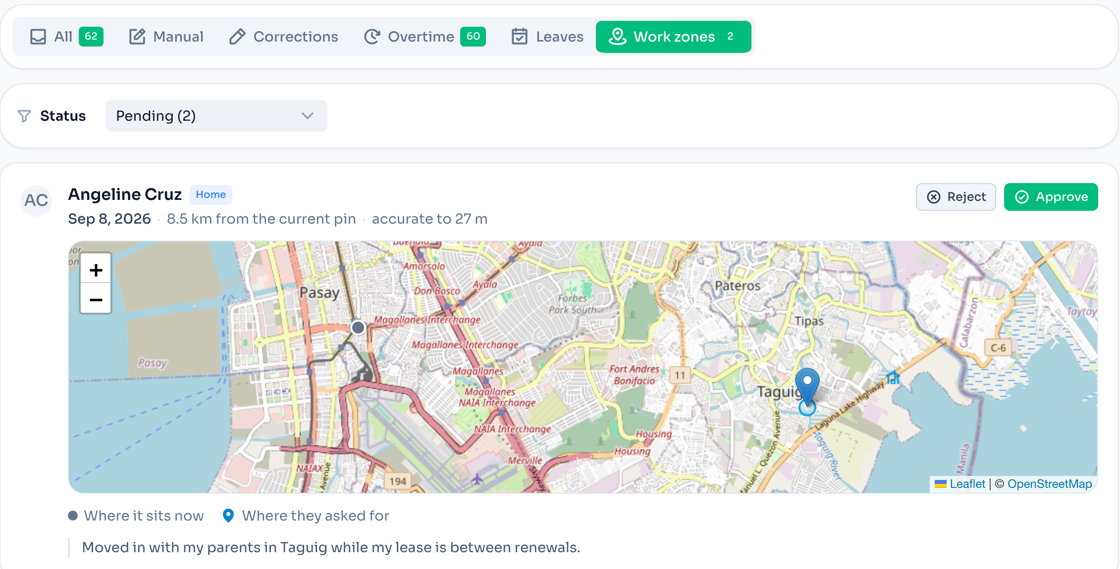 The Work zones tab on Approvals with a move request and its map