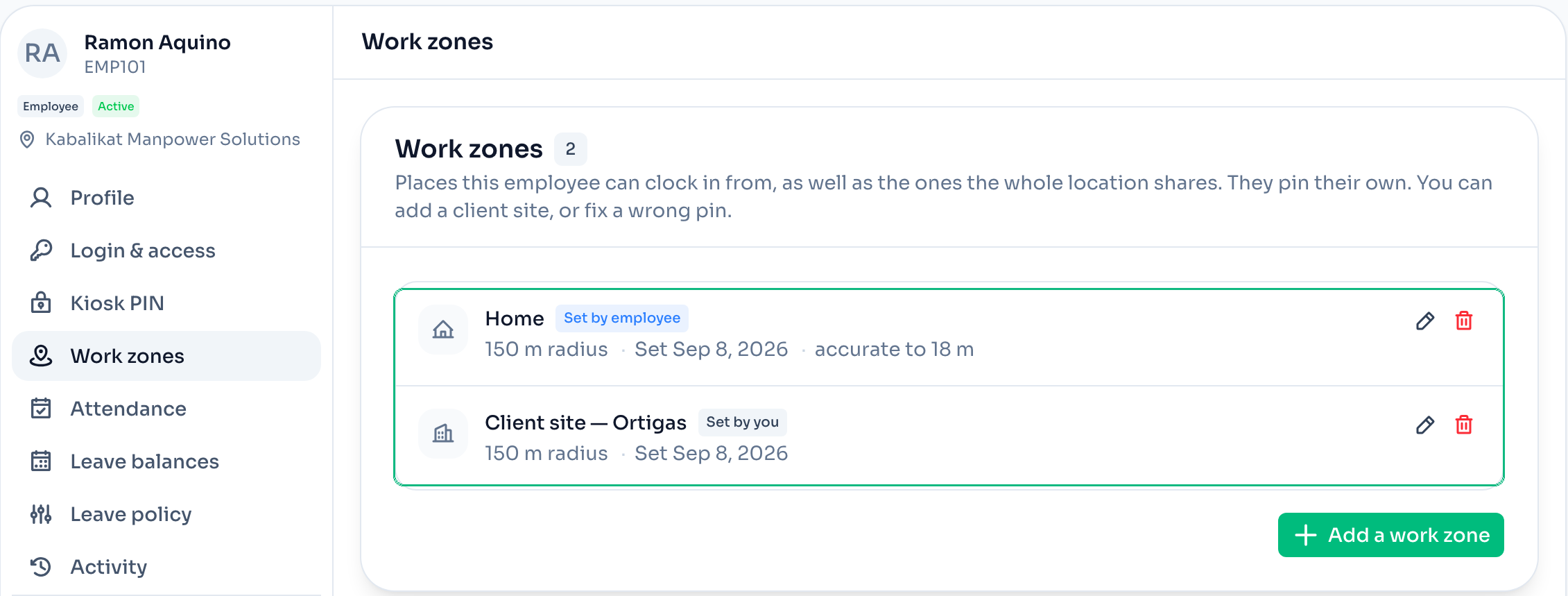 An employee's Work zones tab with a Home zone they set and a client site the owner added