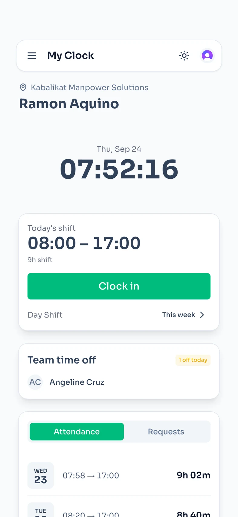 The ClockTap clock screen on an employee's phone at 07:52: today's shift from 08:00 to 17:00, a Clock in button, who is off today, and the week's attendance.
