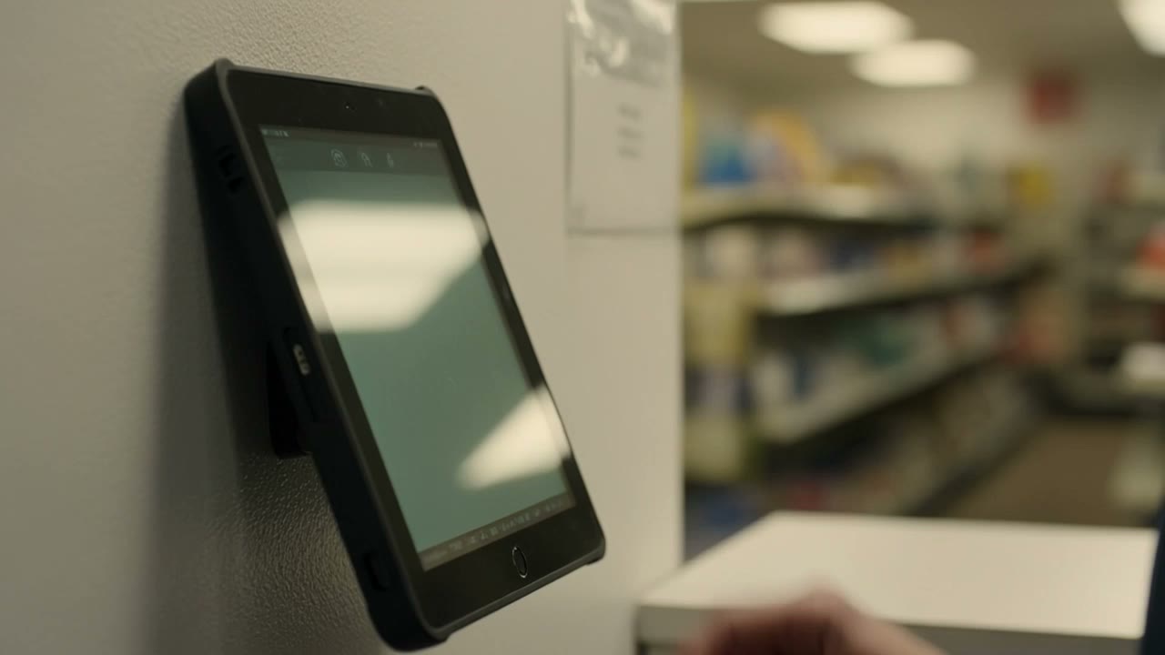 A shared tablet kiosk on a counter where staff clock in with a PIN