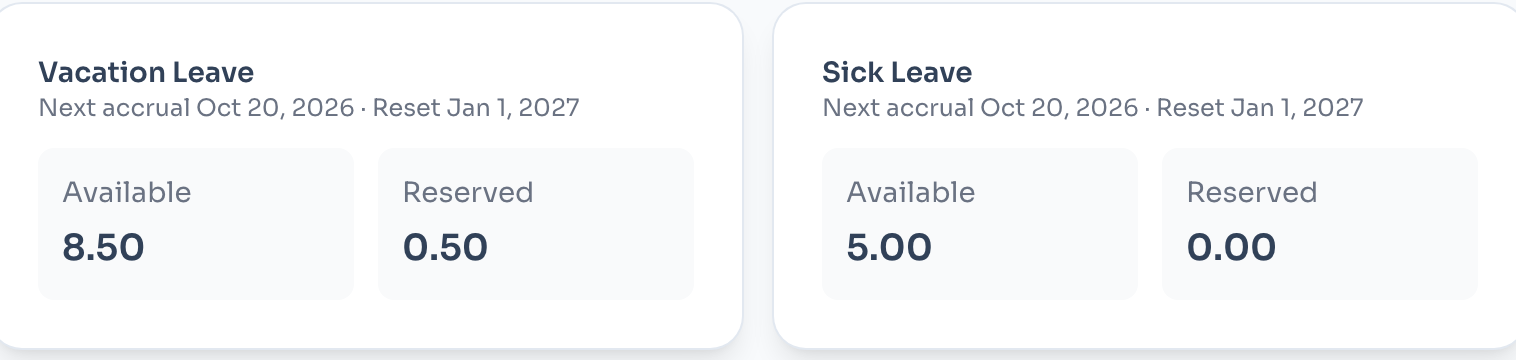 ClockTap leave balance cards showing 8.50 vacation days available and 5.00 sick days available, with the next accrual and reset dates